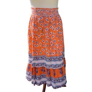 West Gaia Orange Paisley Floral Smocked Waist Tiered Cotton Midi Skirt Womens M